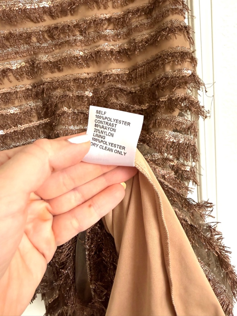 Tadashi Shoji Thora Silken Fringe Dress NWT Brown Tan Gold Midi Length 10 - Picture 10 of 10